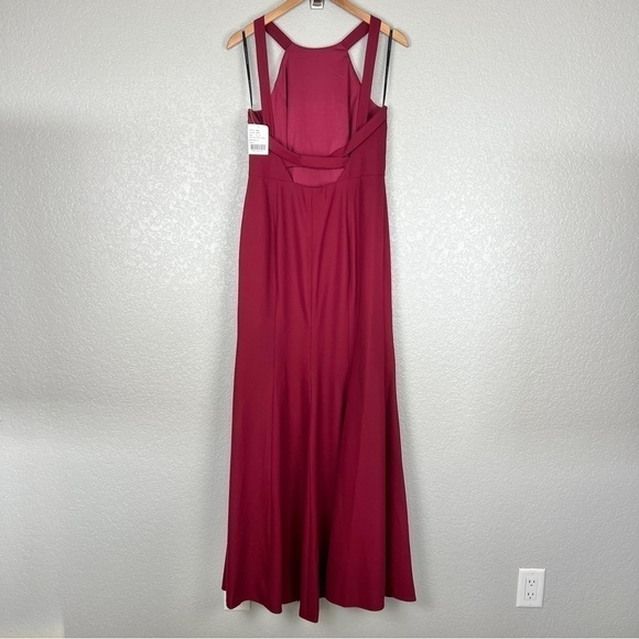 Dessy Collection NWT High-Neck Backless Crepe Trumpet Gown, Burgundy Red 10 - Picture 4 of 12